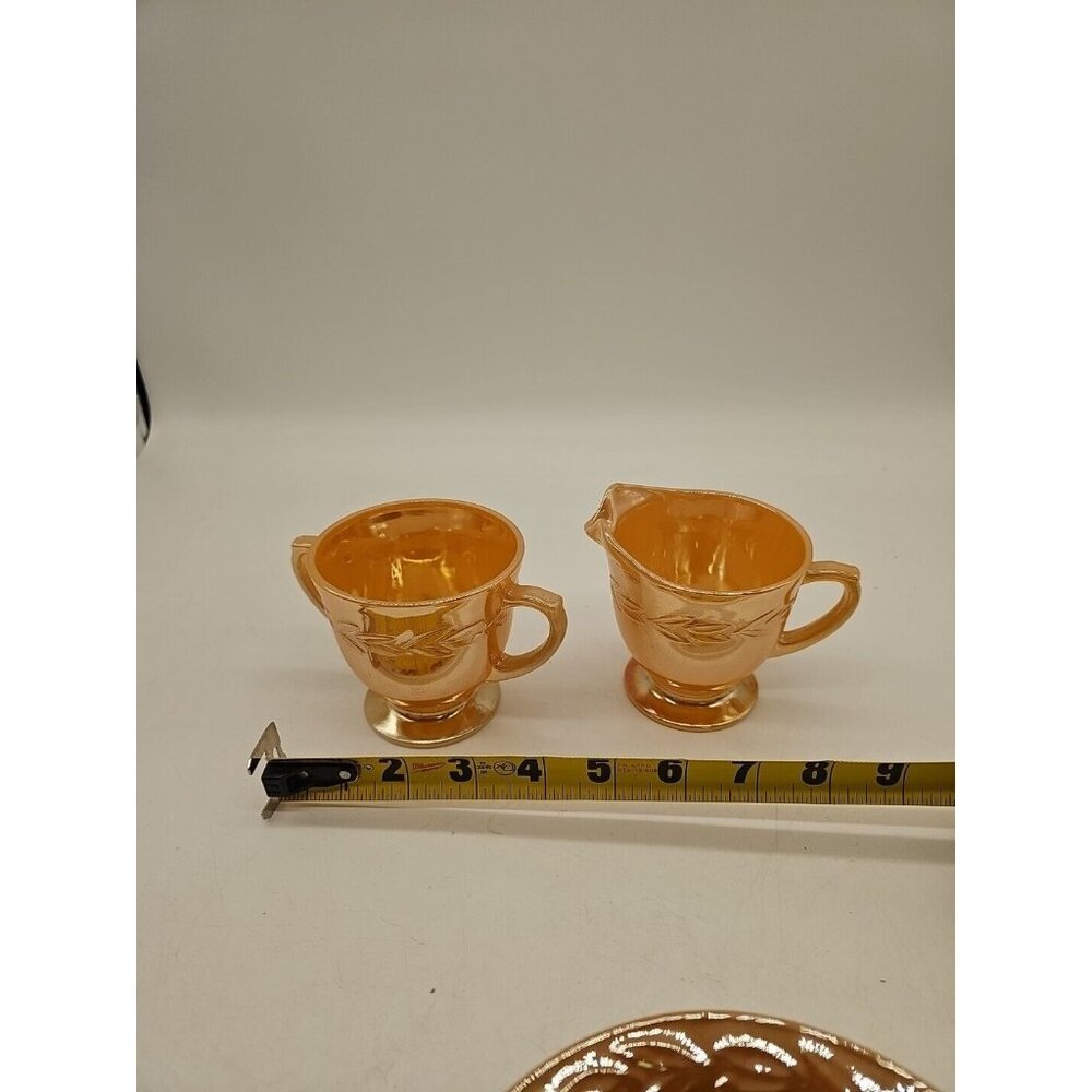VINTAGE 2-PC FIRE KING LAUREL LEAF PEACH LUSTRE SUGAR BOWL &‎ CREAMER SET